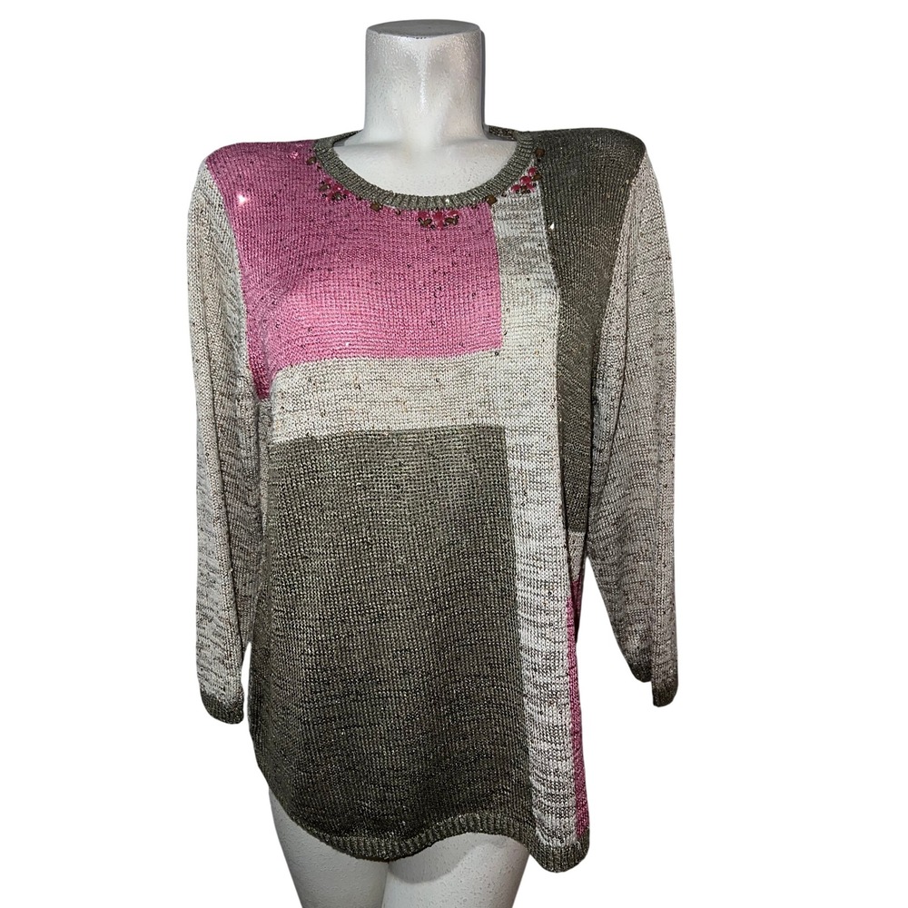 Alfred Dunner Womens Size L Pink Olive Colorblock Metallic Sequin Knit Sweater
